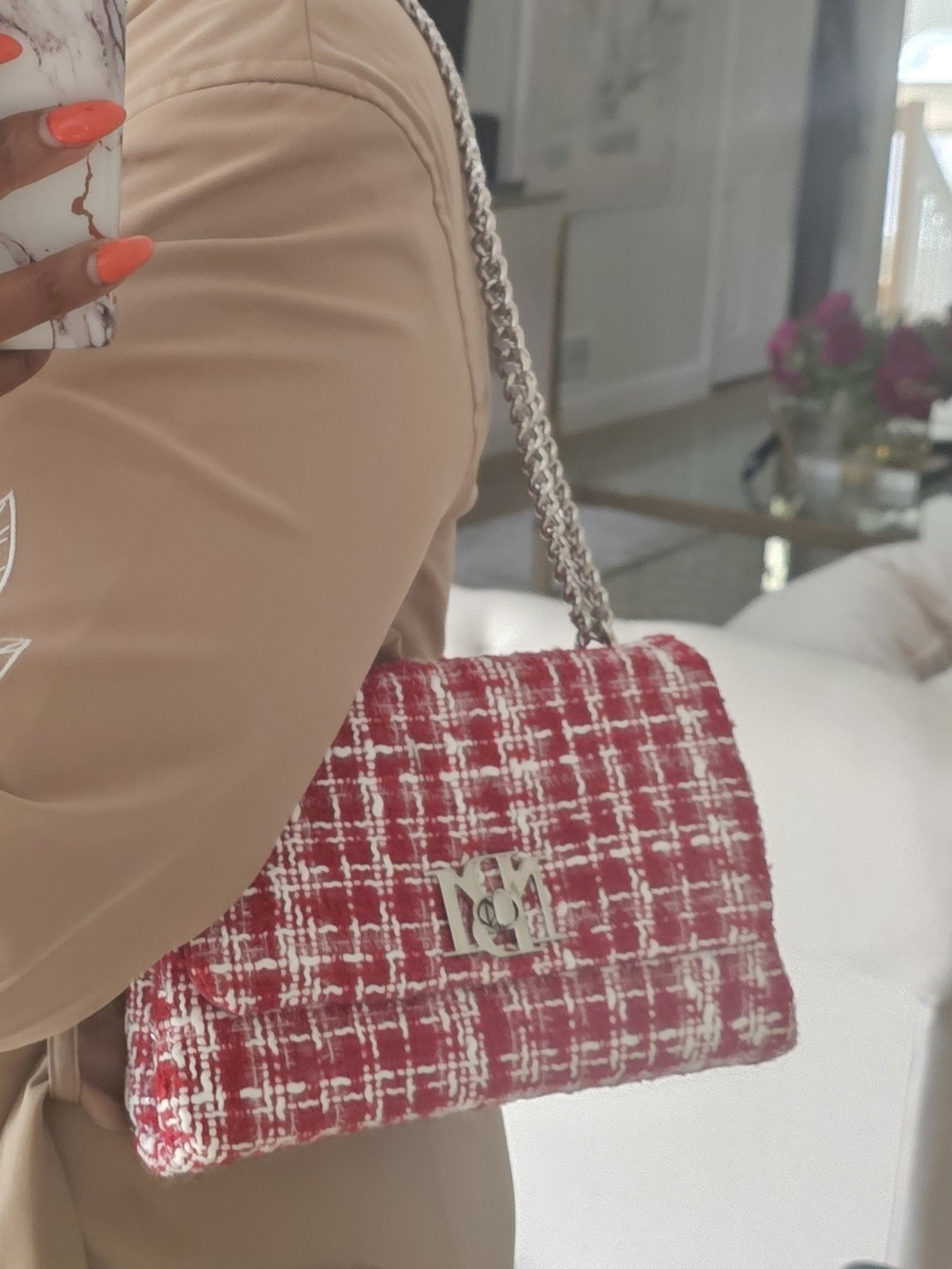 Badgley Mischka Red and White Tweed Chain Shoulder Bag
